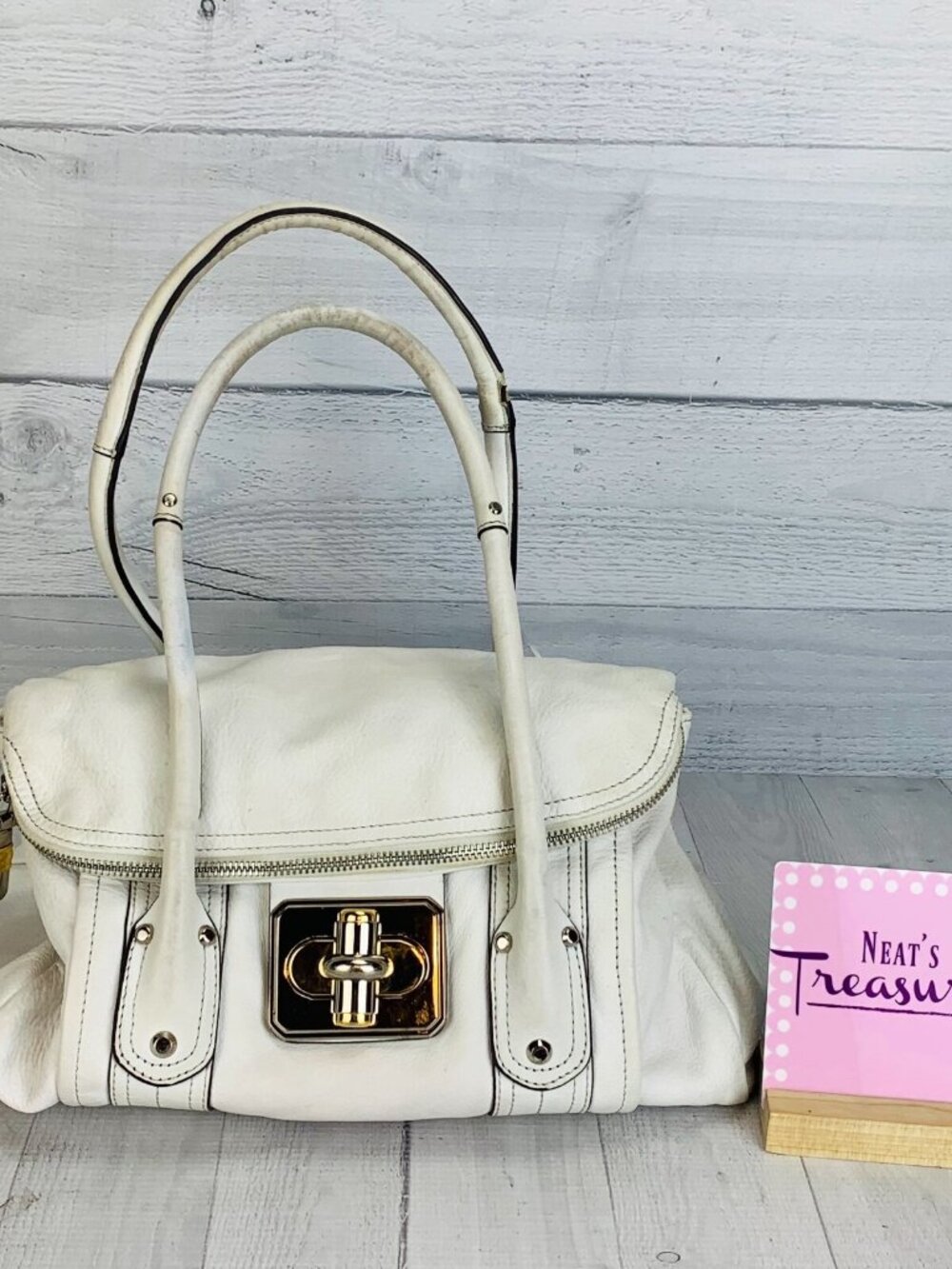 B Makowsky Soft White Leather Stain Purple Lining Double Handle Purse Handbag